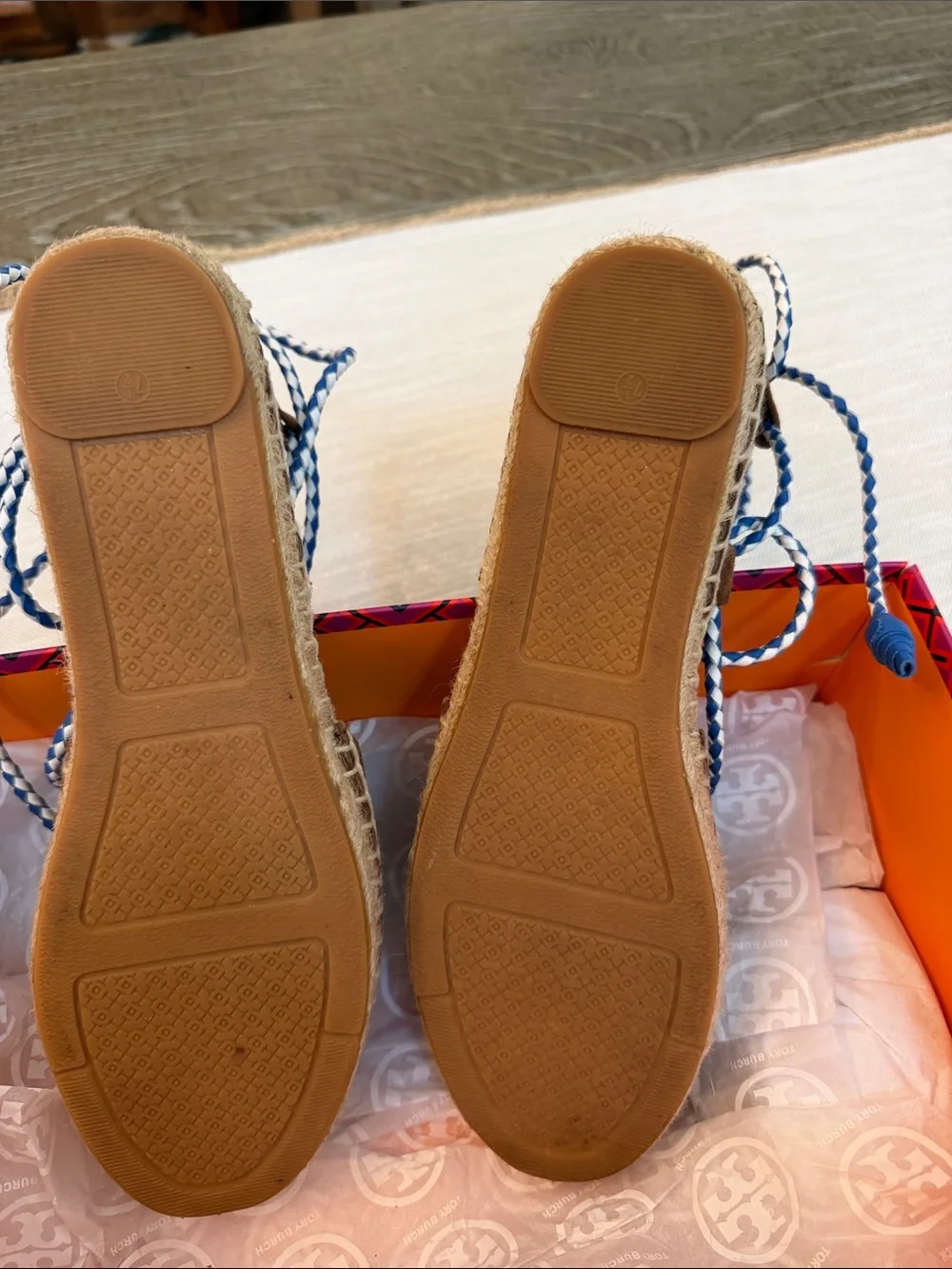 Tory Burch Brown Espadrille Lace-Up Flats with Blue & White Laces